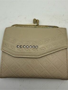 Vintage HERITAGE LEATHER French Purse Leather Wallet Embossed Beige Rhinestones
